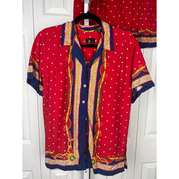 80s Lizsport Rayon Preppy Quiet Luxury Blouse Short Set Petite Small Red Blue - Picture 4 of 9
